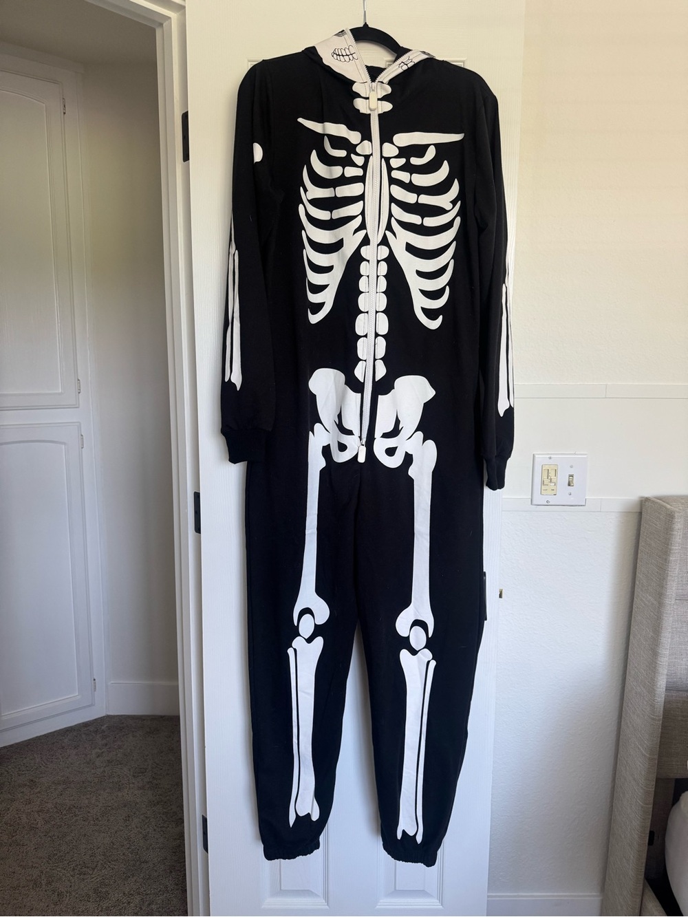 Unisex Black Skeleton One-Piece Hooded Pajama (double sided)